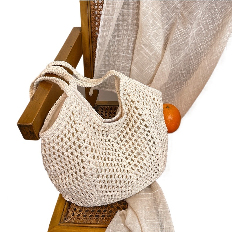 designer Cotton Rope Woven Bag for Women, Summer New Large Capacity Hollow Beach Bag, Casual Style Shoulder Tote Bag