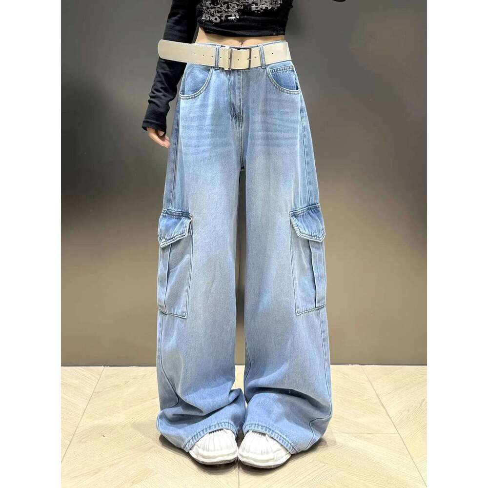American Street Style Cargo For Baggy Vintage Blue New Wide Leg Oversized Denim Pants Women Loose Design Y2k Jeans