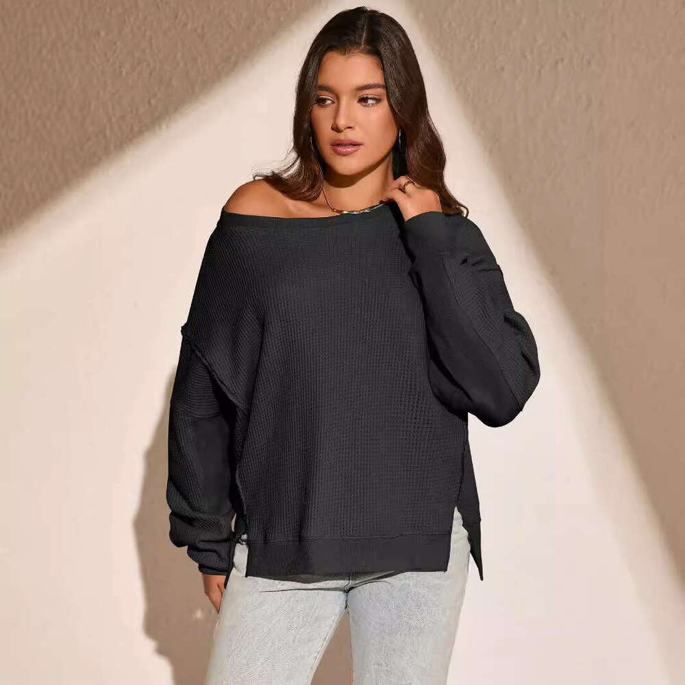 Fashion Women's Round Neck Split Solid Color Loose Casual Long Sleeve Pullover Lazy Sweatshirt