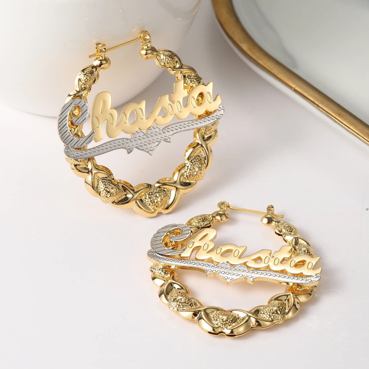 Qitian XOXO Hoop Name Earrings Custom Heart Names Earring Bamboo Earrings Nameplate Personalized XO Earrings For Women Gifts 250529