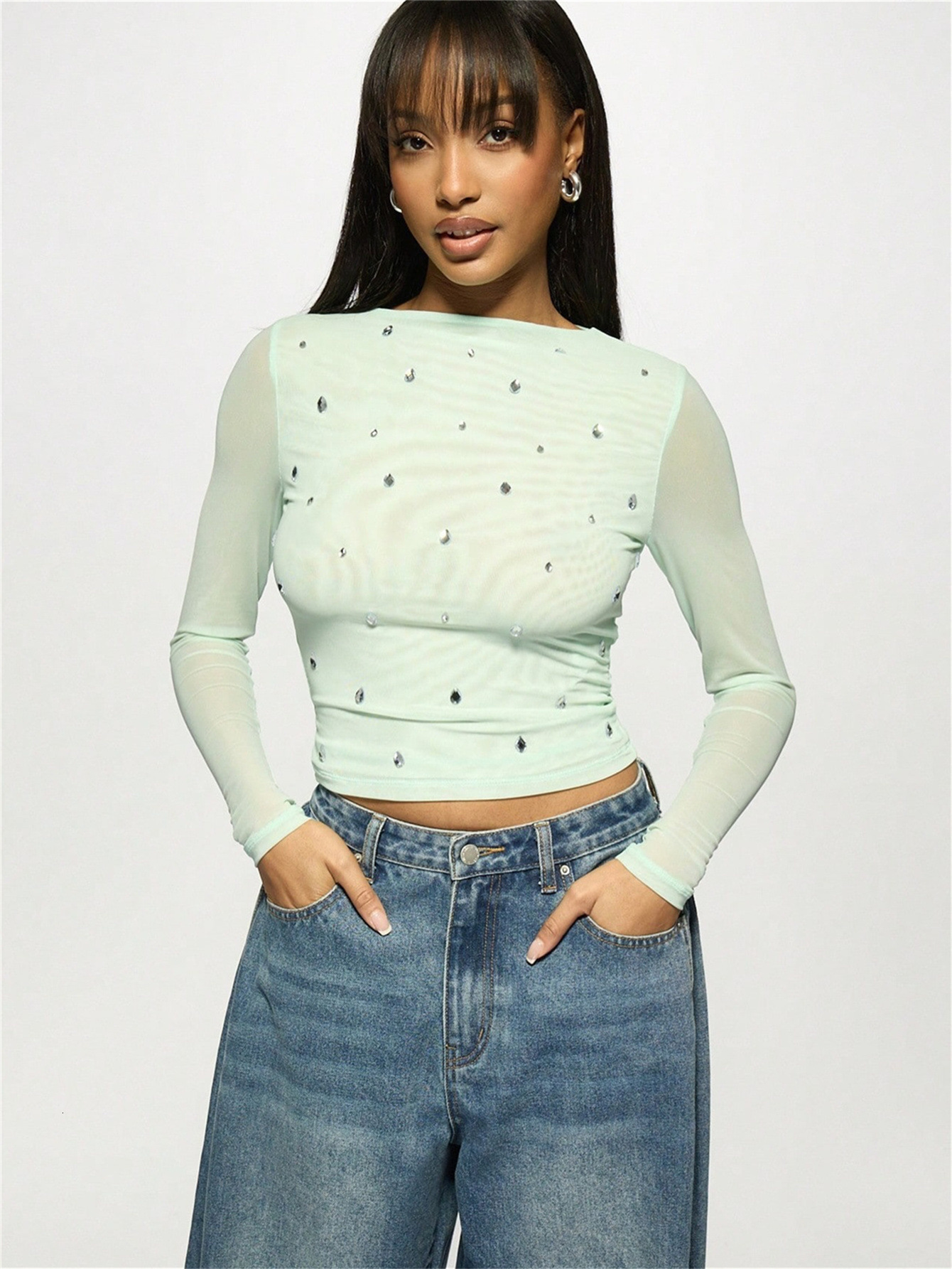 Designer T Shirt New European And American Women S Fashion Casual Printed Slim Fit Mesh Semi Transparent Hollow Long Sleeve T Shirt Essentials Summer 