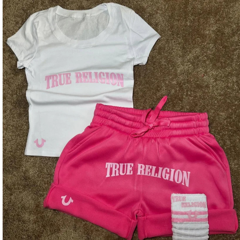 American womens printed sportswear set with letters short sleeves shorts and round necks a casual two-piece set 250530