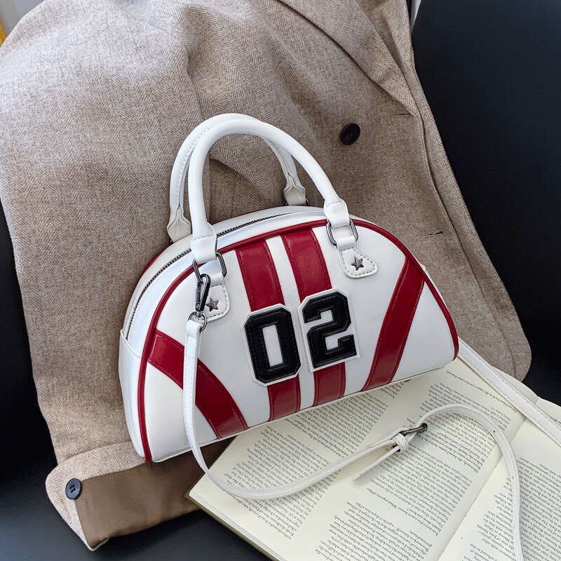 Women's bowling bag oil leather splicing contrasting digital decoration hand-held women's handbag 2025 new casual versatile fashion