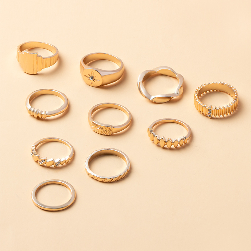 New European and American Style ten piece Set of Octagram shaped Diamond inlaid Knuckle Rings for Women