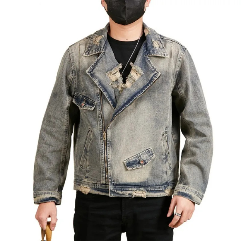 Mens Broken Hole Washed Old Denim Loose Casual Plus Size Ripped Motorcycle Jacket Cowboy Coat Man Spring Autumn Bomber Jacket 250529