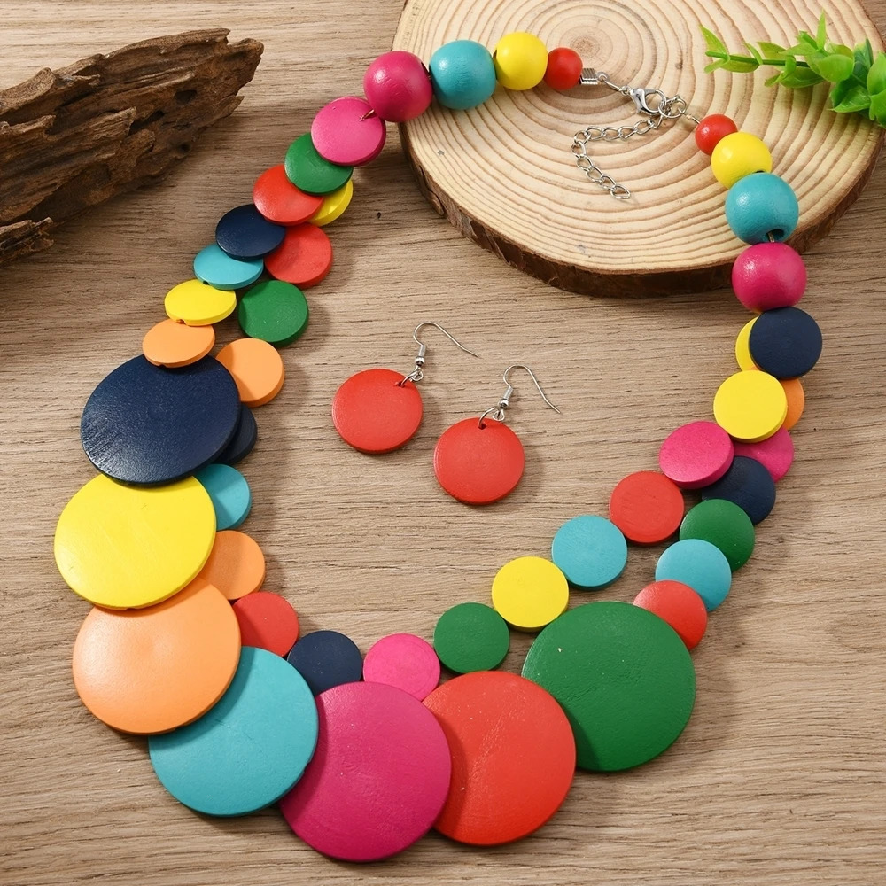African Jewelry Bohemian Colored Geometric Round Wooden Beads Handmade Bead Necklace And Earrings Womens Party Accessories 250530