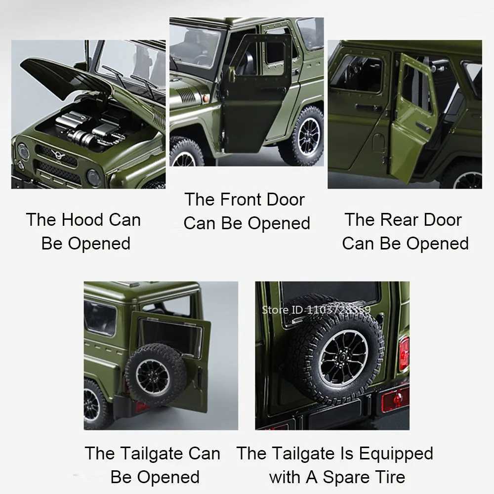 1 18 Russia UAZ Hunter Toy Model Off-road Vehicles Alloy Diecast RV Car Models Doors Opened Sound Light Pull Back for Kids Gifts Free shipping