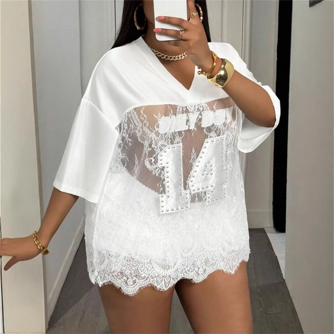 Designer T Shirt Summer New Women S Fashion Foreign Trade Printed Loose Casual Street See Through Sexy Lace Patchwork Top Essentials Summer Dress