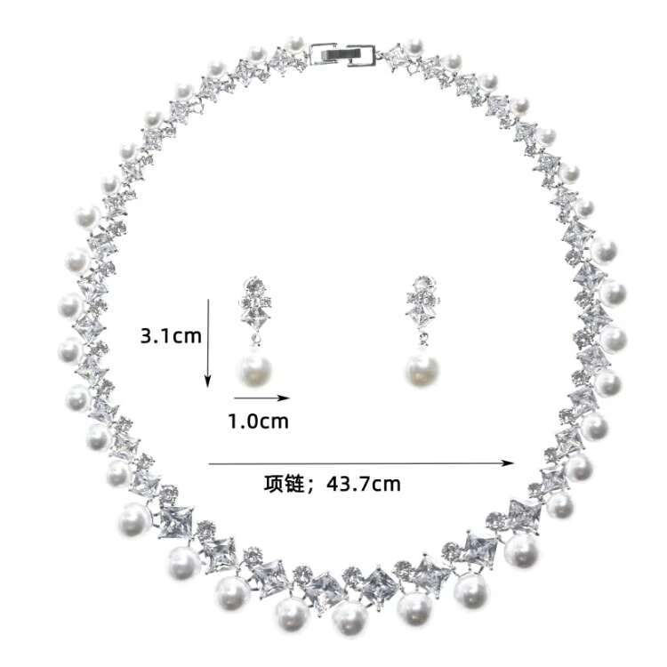 Fashion Womens Zircon Mossanite Double Pearl Earrings Jewelry Set Necklace With Earrings Set for Women