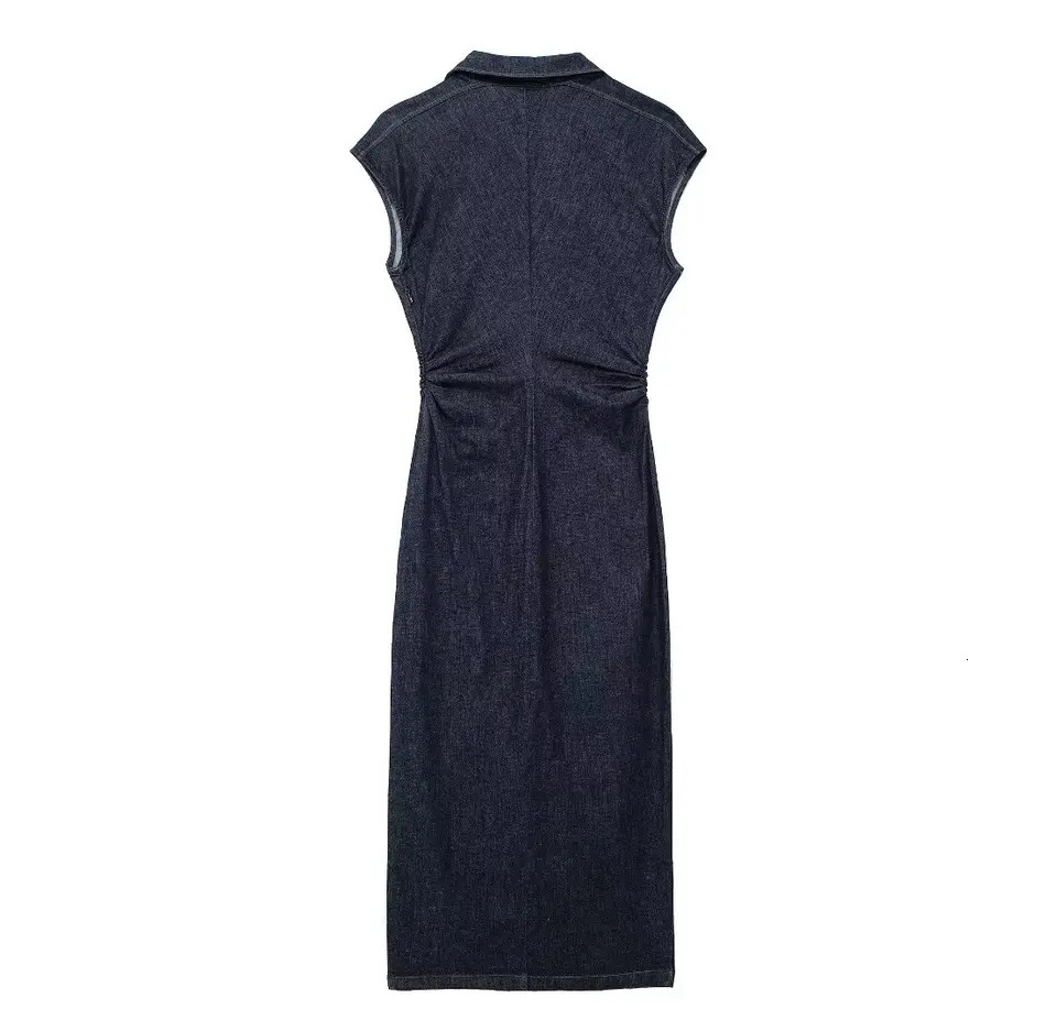 TRAFSHE Sleeveless Denim Long Dress Women Bodycon Tank Midi Dress Woman Summer Ruched Button Up Casual Dresses For Lady 250529