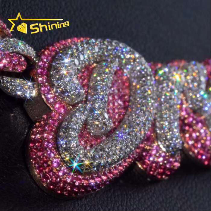 New Arrivals Natural Earth Mined Diamonds 925 Sterling Silver Custom Pink Moissanite Letter Pendant Diamond Cuban Chain Necklace