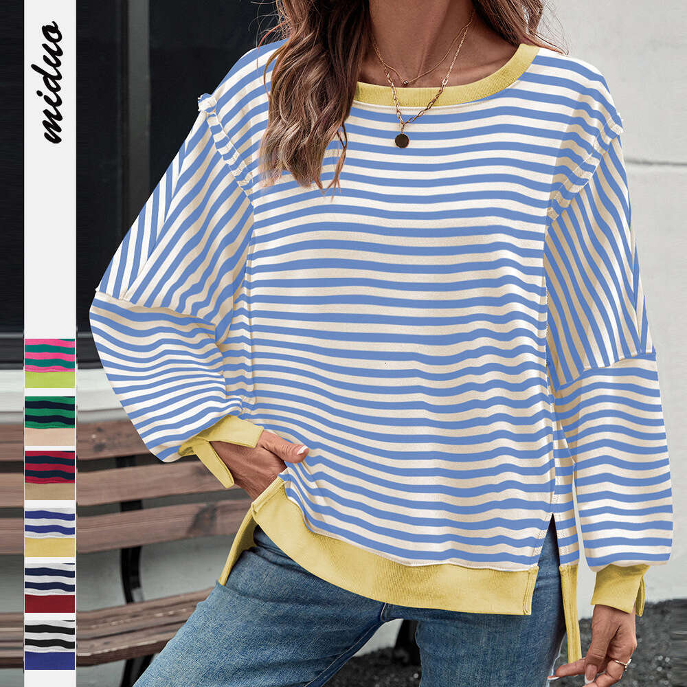 Hot Selling Casual Loose Autumn Winter Long Sleeve Striped Split Round Neck Design Street Style Sweatshirt Top