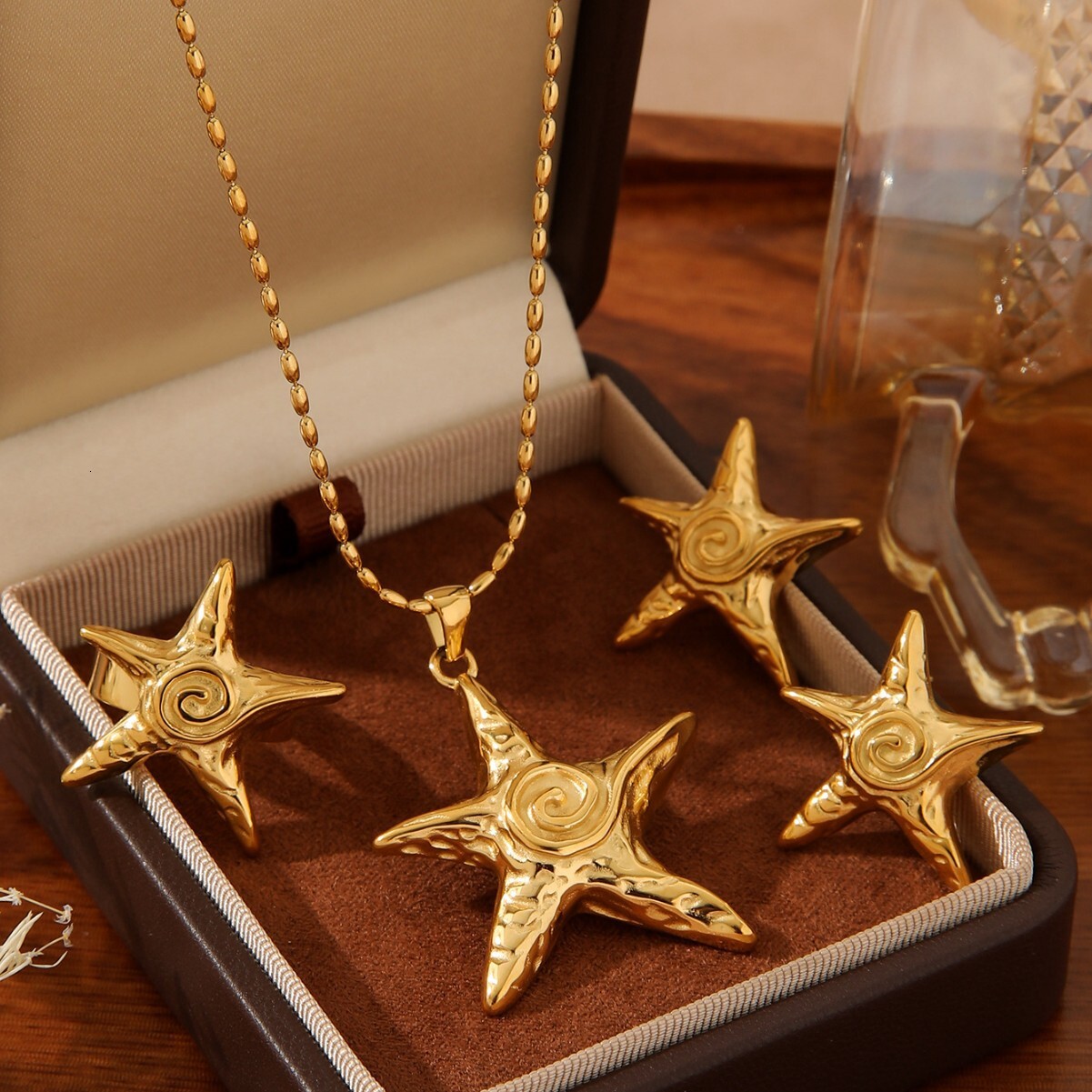 Titanium Steel Pentagram Starfish Swirl Threaded Hoop Earrings Fashion Jewelry Set