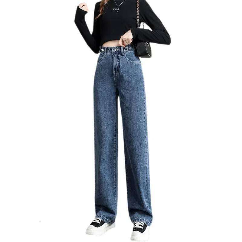 High-Waisted Straight-Leg Denim Trousers Loose-Fit Sensibility Multiple Buckles Adjustable Pear-Shaped Body For Women Vintage