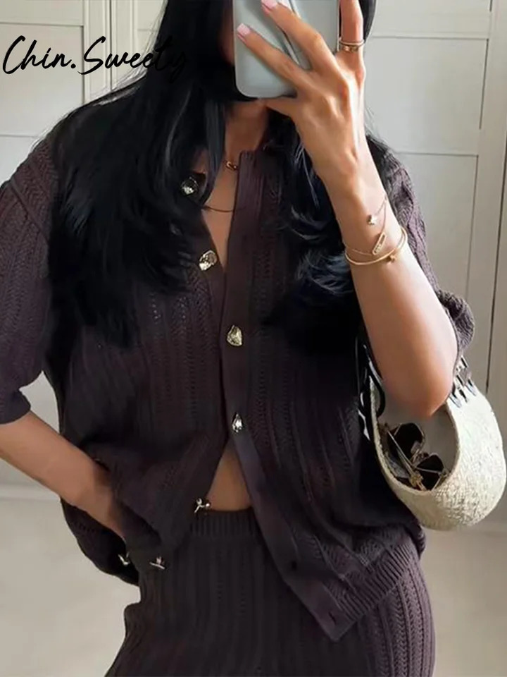 Vintage Brown Knit Cardigan Pants Women Outfit Button O-neck Short Sleeve Top Straight Trousers 2025 Summer Chic Lady Set 250530