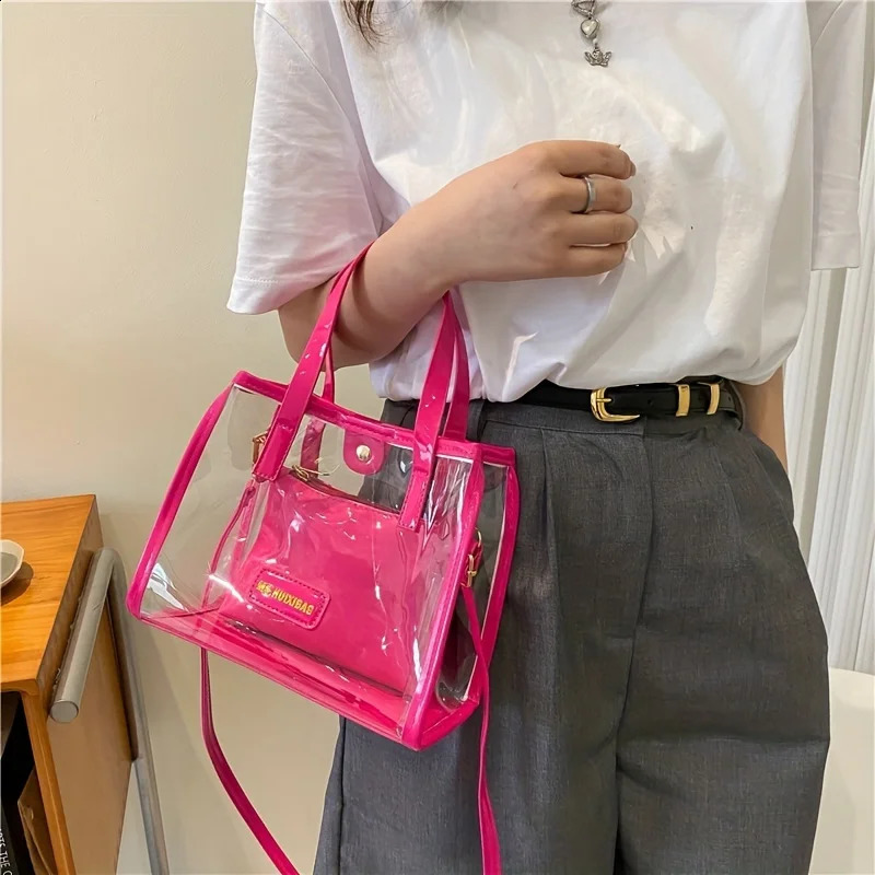 2Pcs Clear PVC Tote Bag Set Trendy Jelly Crossbody Bag Waterproof Summer Beach Bag With Inner Pouch 250530