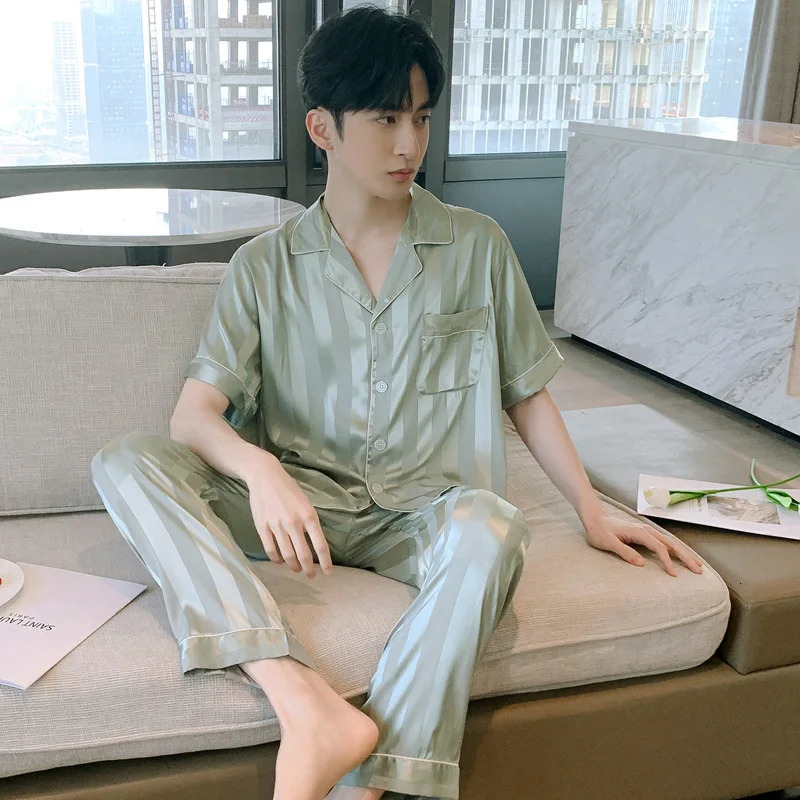White Striped Men Pajamas Suit Short Sleeved Long Pants Thin Ice Silk Sleepwear Summer Satin Home Clothing Set Pyjamas Male 250526