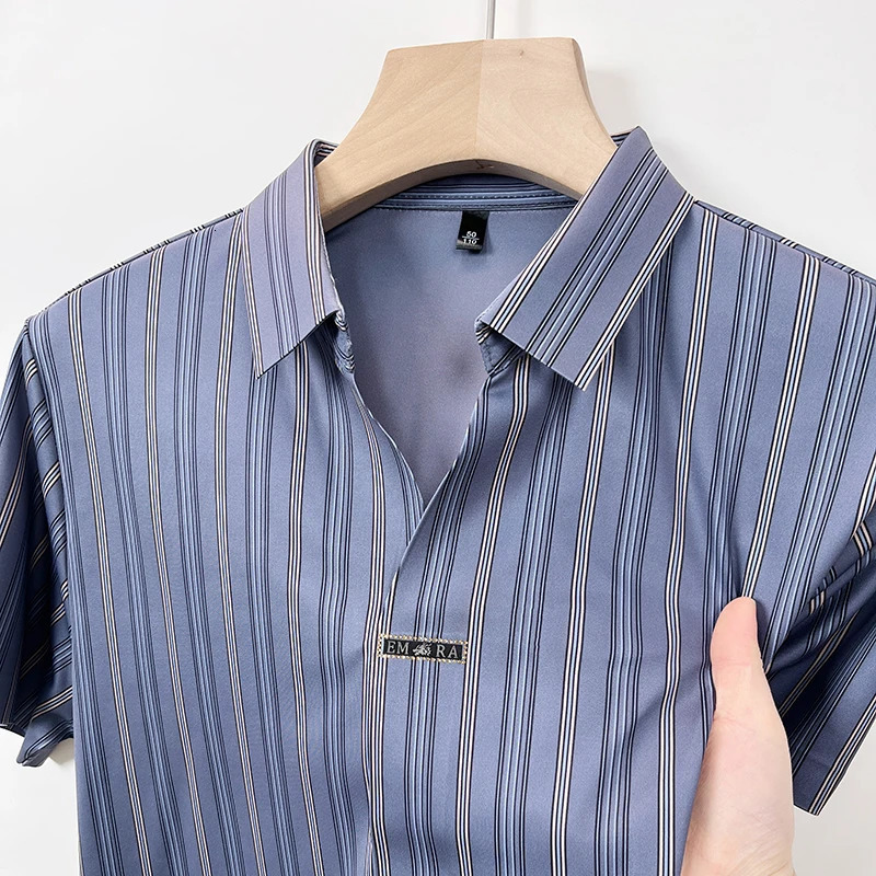 High-end Ice Silk Short-sleeved T-shirt Striped Printr Polo Shirt Business Casual er Scissor Collar Anti-wrinkle Top 250529