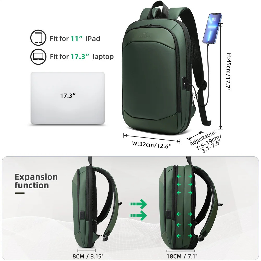 Heroic Knight Business Mens Backpack Waterproof 17.3 Laptop Casual Bag USB Charging Expandable Travel Pack For Women YKK Zipper 250530