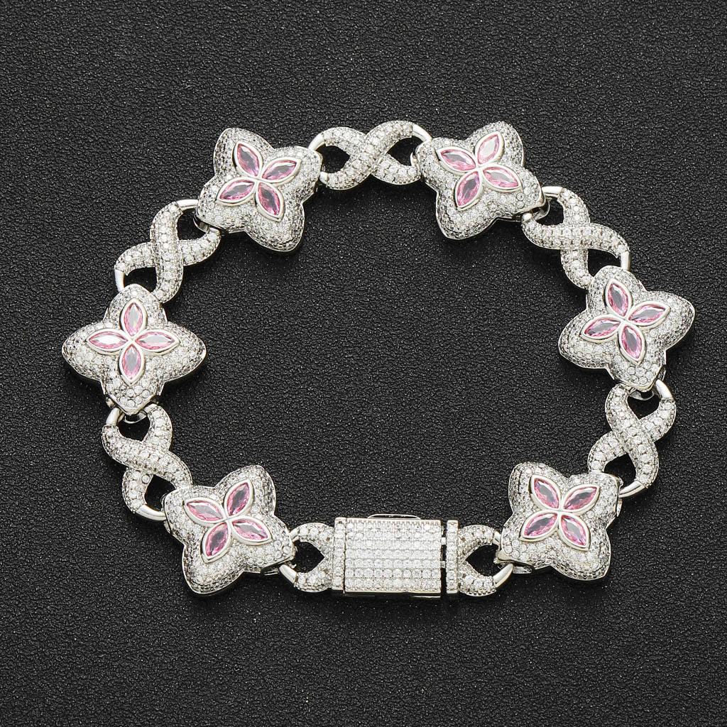 Hip Hop Pink Moissanite Four-Leaf Clover Bracelet Fashion Trendy Cool High-End 5A Moissanite Unisex Accessories moissanite