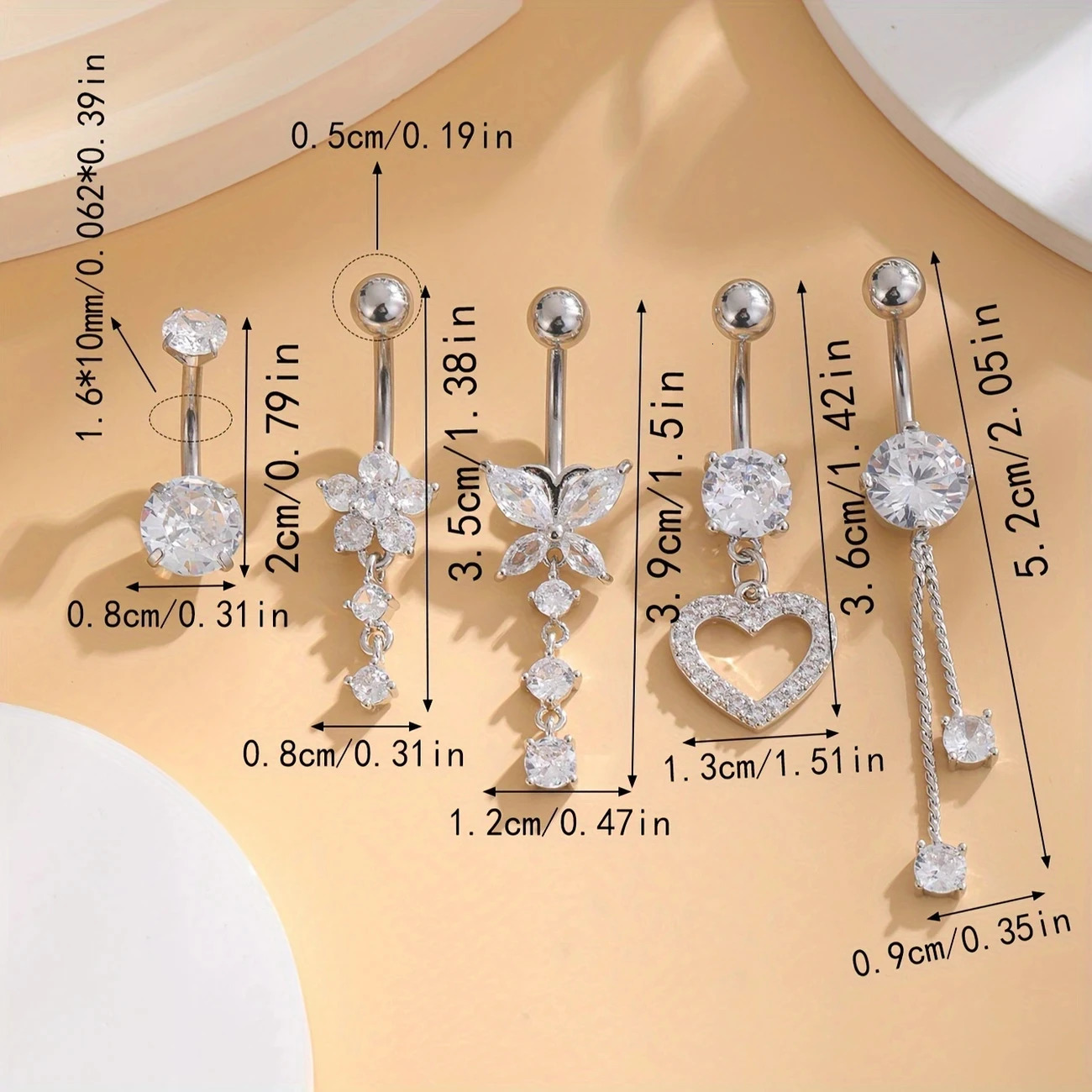 Set of 5pcs Stainless Steel Zirconia Inlaid Belly Button Rings With Butterfly/Heart/Flower s Boho Navel Piercing Jewelry 250530