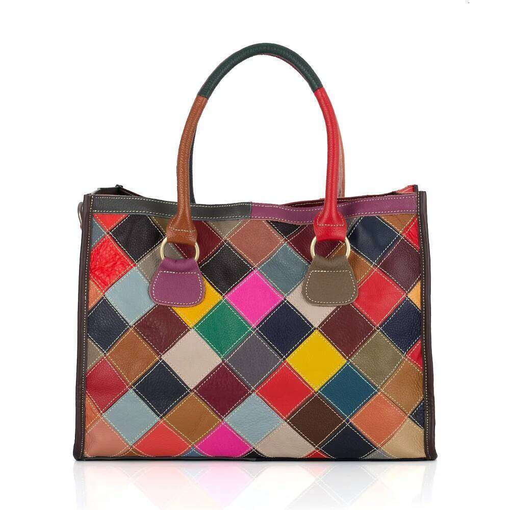 Fashion Splicing Color Leather Women's Tote with Casual and Colorful Circle ing Cowhide Shoulder Bag Handbag