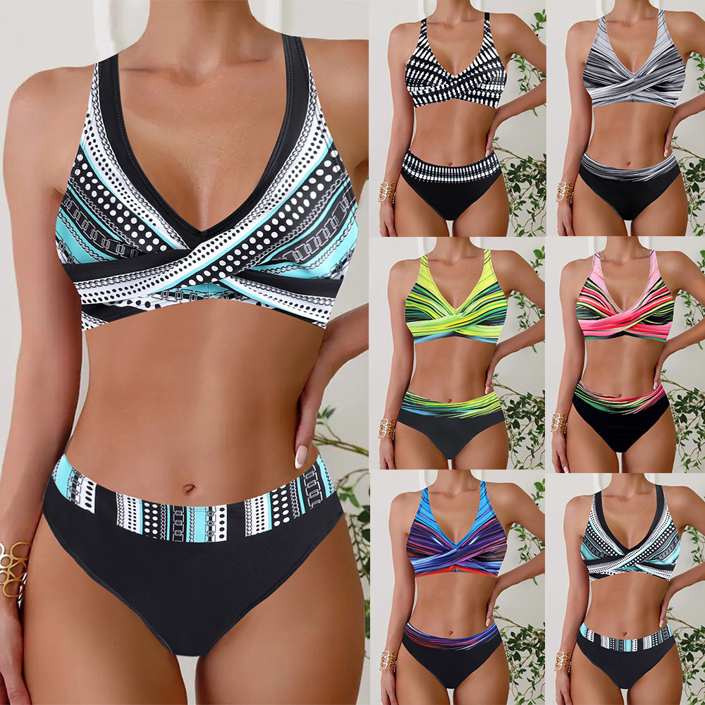 Outdoor Summer Beach Sexy Womenfree Shipping 2025 New Designer Shoes 2025 New Women's Split Striped Plus Size Bikini Sexy High Waisted Swimsuit F