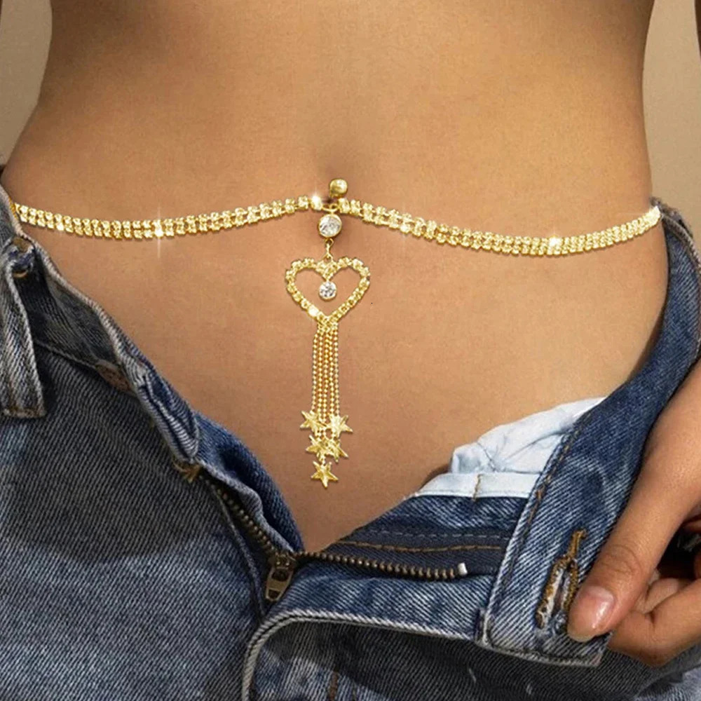 Boho Heart Dangle Rhinestone Piercing Navel Chain Belly Button Ring with Waist Chain Women Navel Piercing Body Jewelry Gift 250530