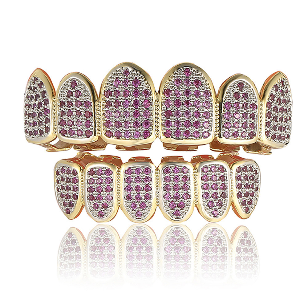 Vampire hip hop gold tooth set rose red micro set Moissanite gold plated Grillz hip hop gold tooth set moissanite