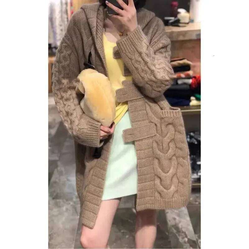 Women's Long Loose Hooded Cardigan Cashmere Sweater Knit Coat Thick Horn Button For Lazy Wind Fall Winter
