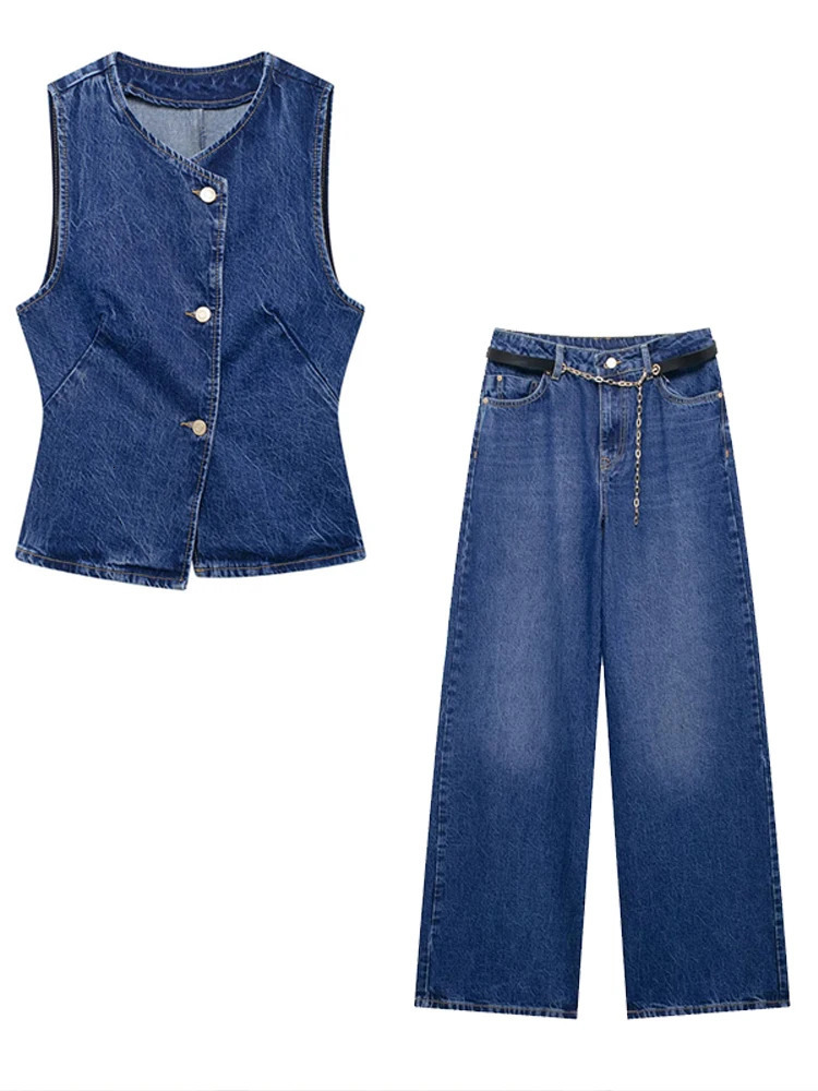 Elegant Womens Suits Denim Sleeveless Irregular Short Vest Wide Legs Long Jeans 2025 Spring Summer Fashion Ladies Pants Sets 250530