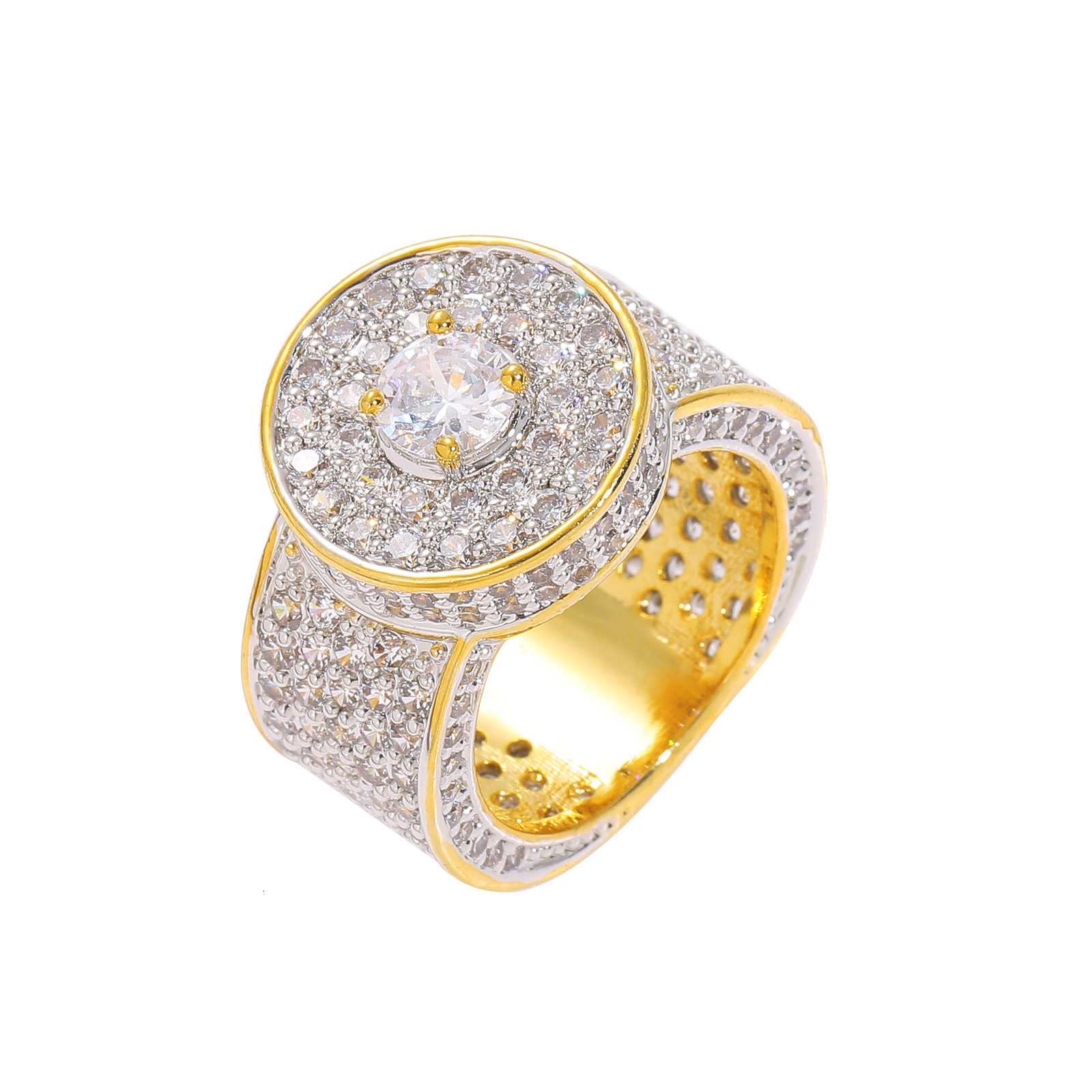 Hip hop mens classic large diamond gold ring with real gold electroplating and micro inlaid Moissanite hip-hop ring moissanite