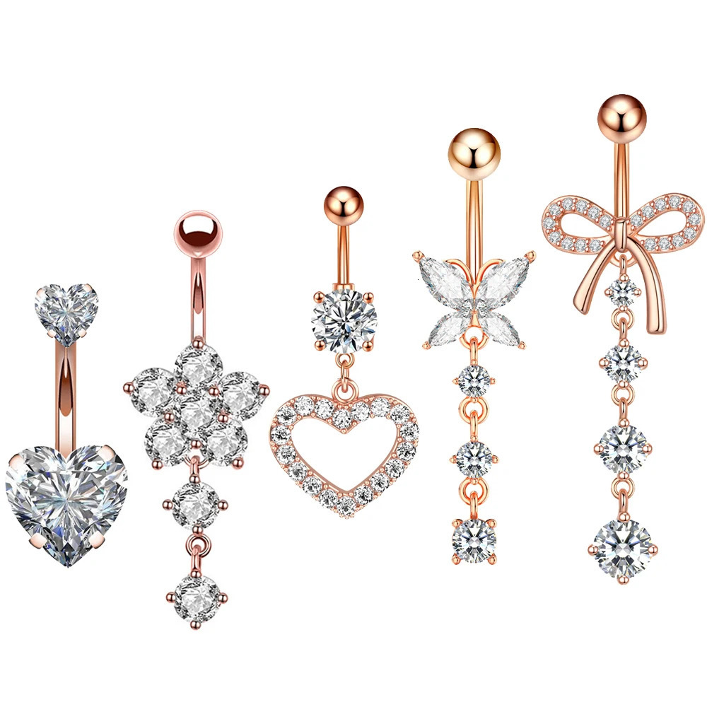 5pcs Pink Series Butterfly-Bow Belly Button Ring Sets 14G Curved Navel Piercings Nombril Women Heart Flower Zircon Belly Rings 250530