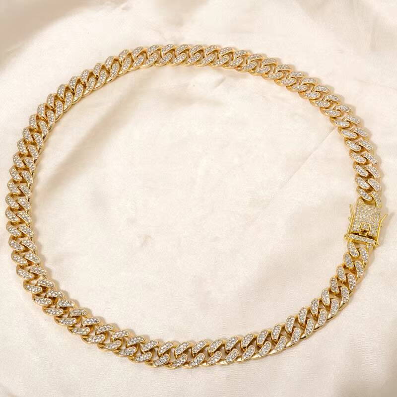 Hip hop Jewelry Plated Iced CZ Pin Necklace Cuban Chain 12mm White Gold Sier Fashion