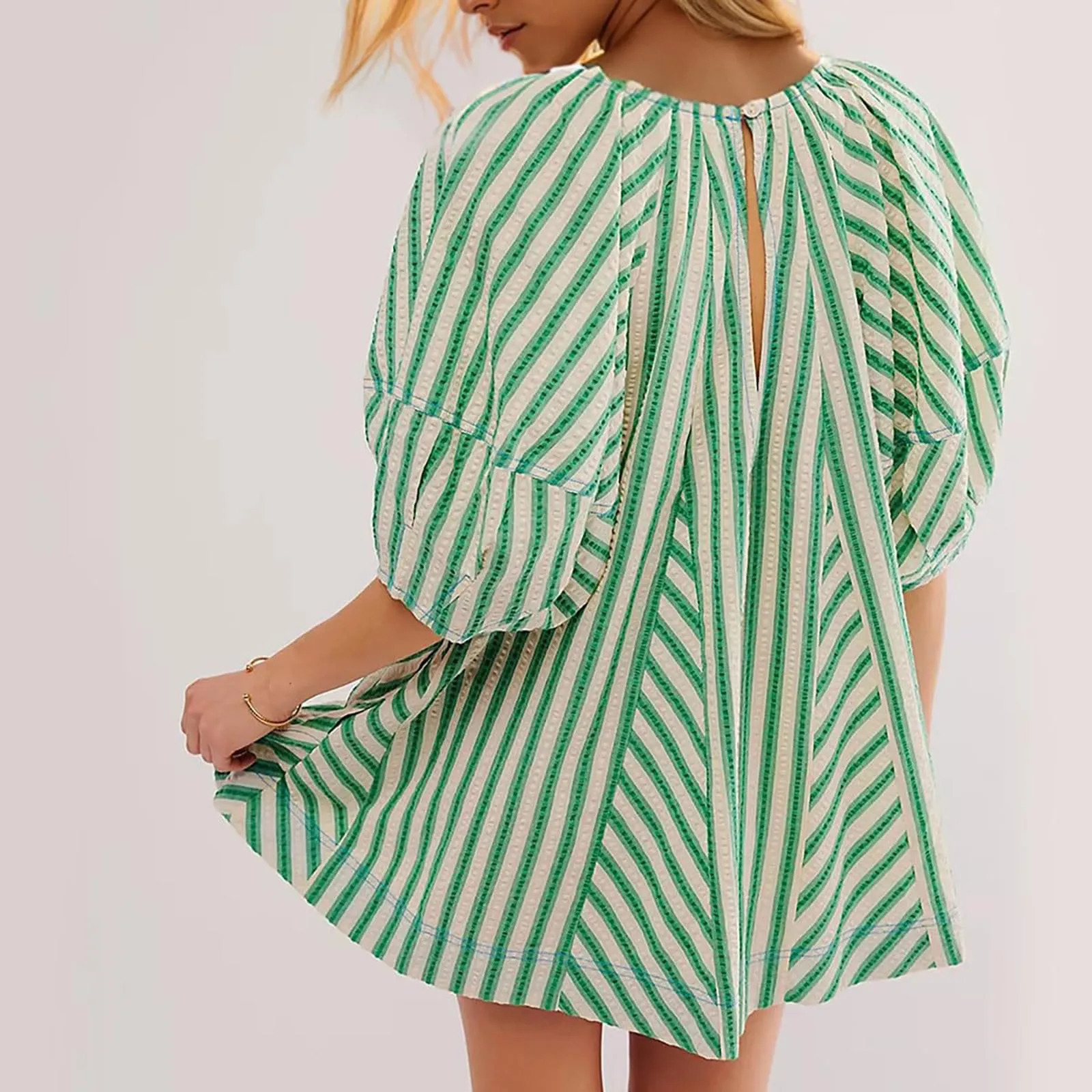 Summer Beach Rompers For Women Casual Loose Striped Puff Short Sleeve Adjustable Neck Wide Leg Oversized Jumpsuit With Pockets 250528