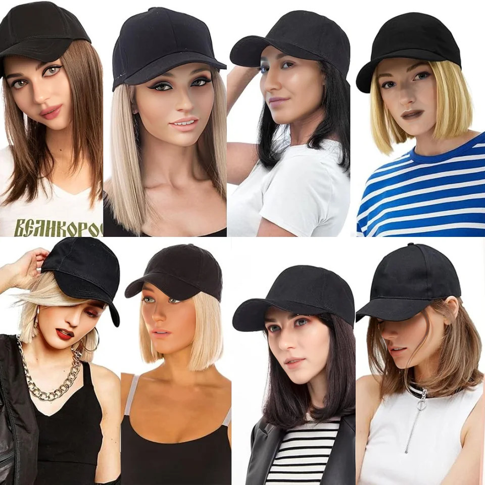 Baseball Cap with Synthetic Hair Extensions Straight Short Bob Hairstyle Adjustable Removable Wig Hat 10 inch for Woman Girl 250530