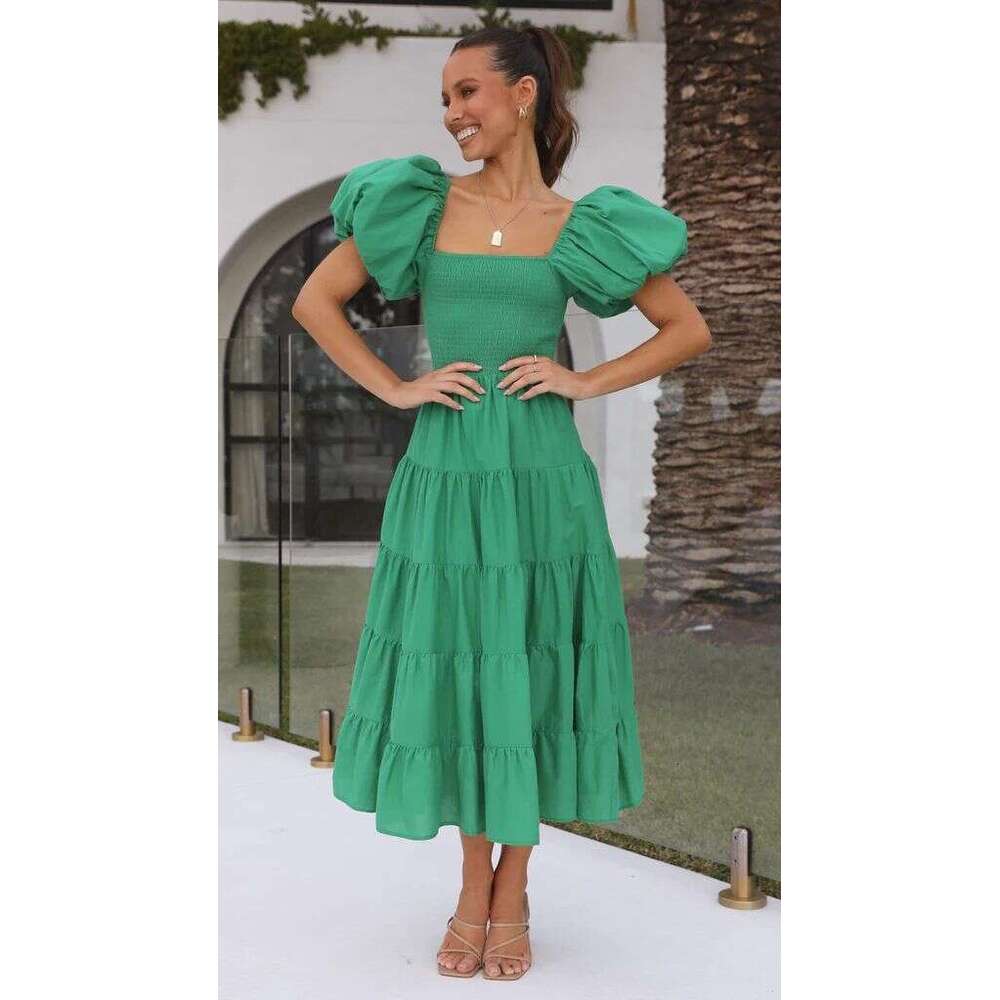 Summer European and American bubble sleeves vacation slimming long skirt spicy girl high waist one shoulder printed dress for women 2025 temperament v