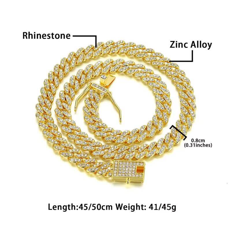 Factory Hot Sell Alloy and One Row Full Bg Rhie Hip Hop 8mm Width Iced Out Cuban k Chain Women's Necklace Jewelry