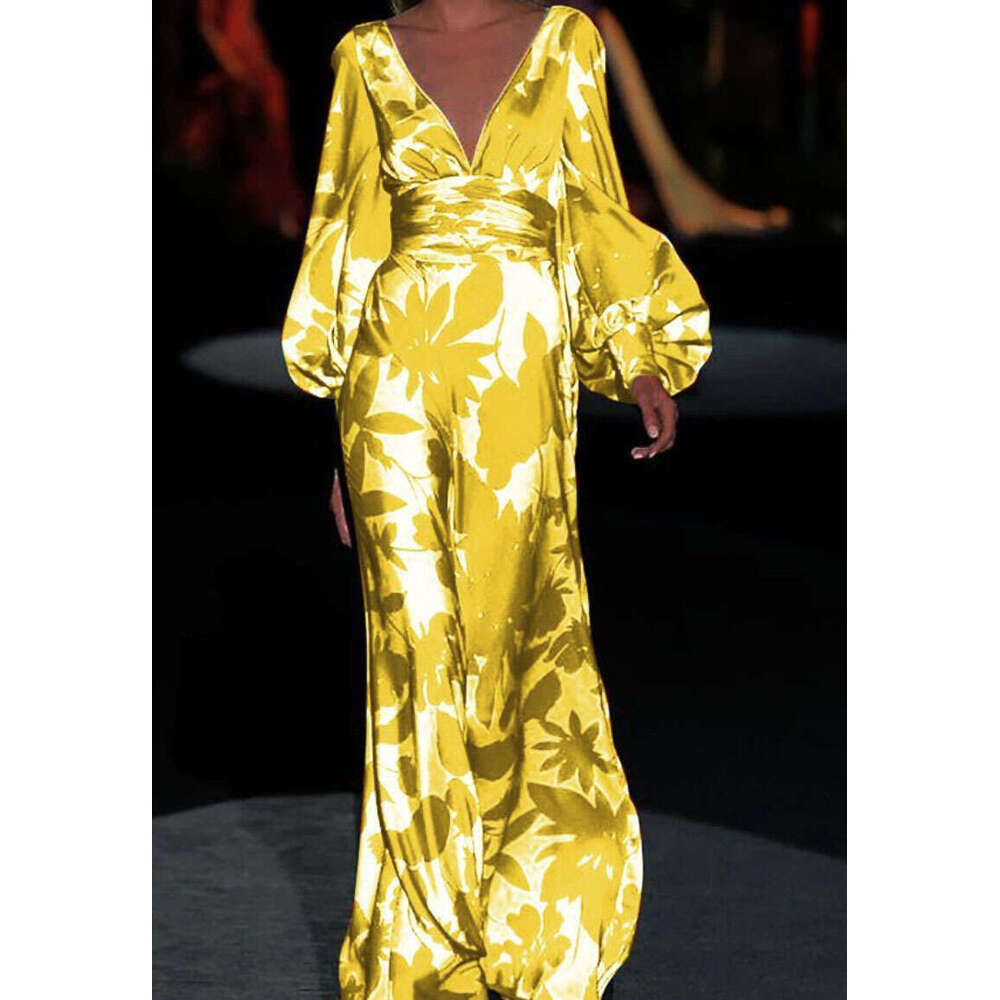 European and American Women's Slim fitting Lantern Sleeve Printed V-neck Long Dress 2025 New Casual Fashion Trendy Clothing