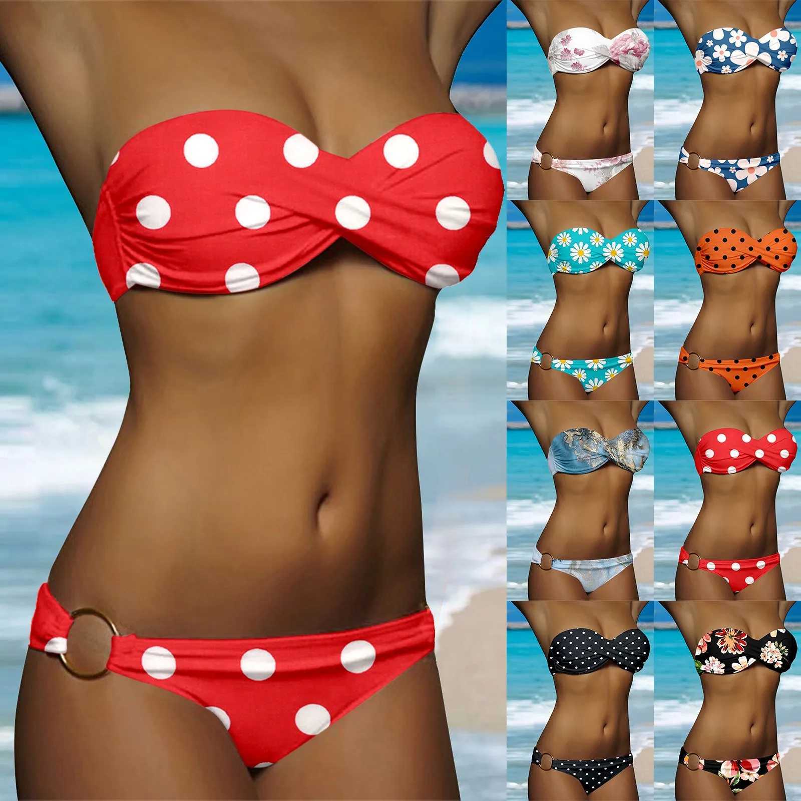 Cut Swimsuit For Women Ladies Strapless Ruched Push Up Bra Bikini Set White Dot Print Swimwear WomenS Low Waist Bikini Shorts T250602