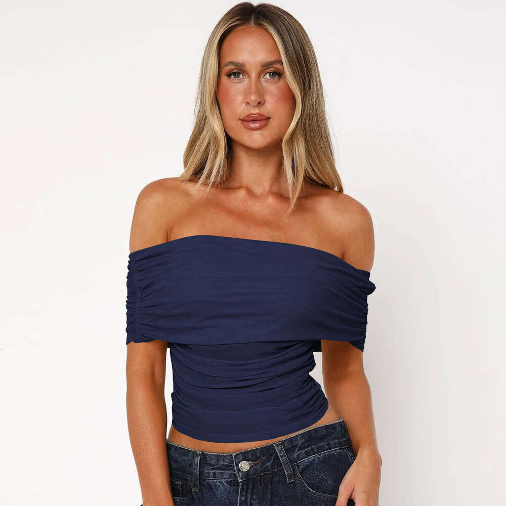 Sexy Women's Lightweight Mesh Off-Shoulder Short Sleeve T-Shirt Early Spring New Sheer Design Sense Tube Top 1062