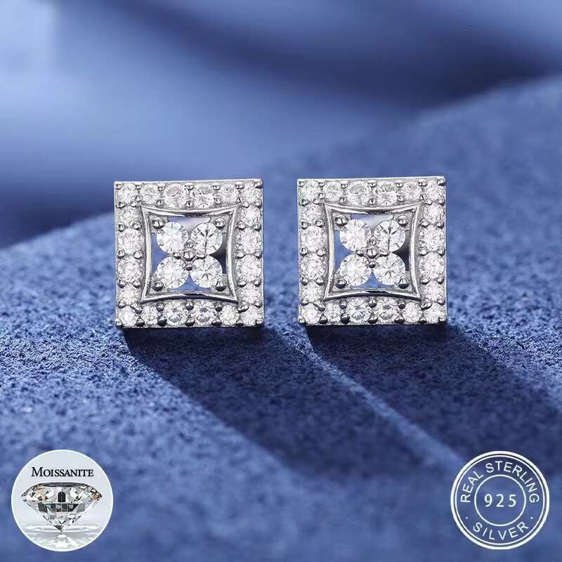 Real D Color Moissanite Diamond Lucky Square Surrounded Stone Earrings for Men Women925 Silver Gift For Wedding Party
