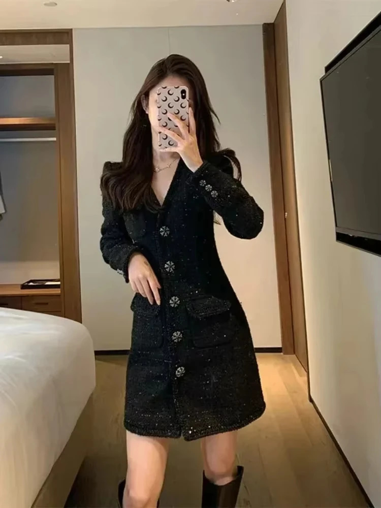 Vintage Tweed Mini Dress Women Elegant V Neck Black Long Sleeve Dresses Korean Single Breasted Bodycon A Line Vestidos 250529