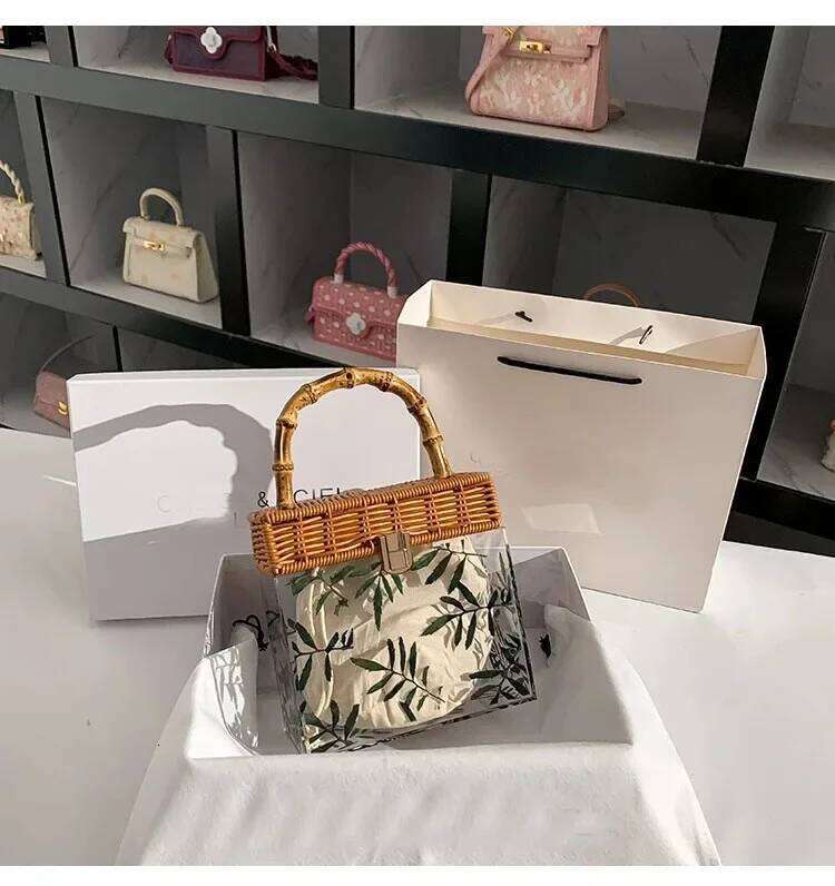 Summer Transparent Acrylic Box Printing Square Bag Bamboo Woven Handmade Handle Handbag Women Holiday Vacation