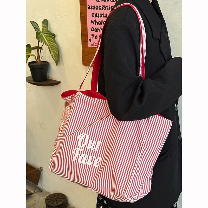 designer Red Reversible Striped Canvas Bag for Women Korean Style Tote Bag Casual Lazy Style Large Capacity Nylon Shopping Bag