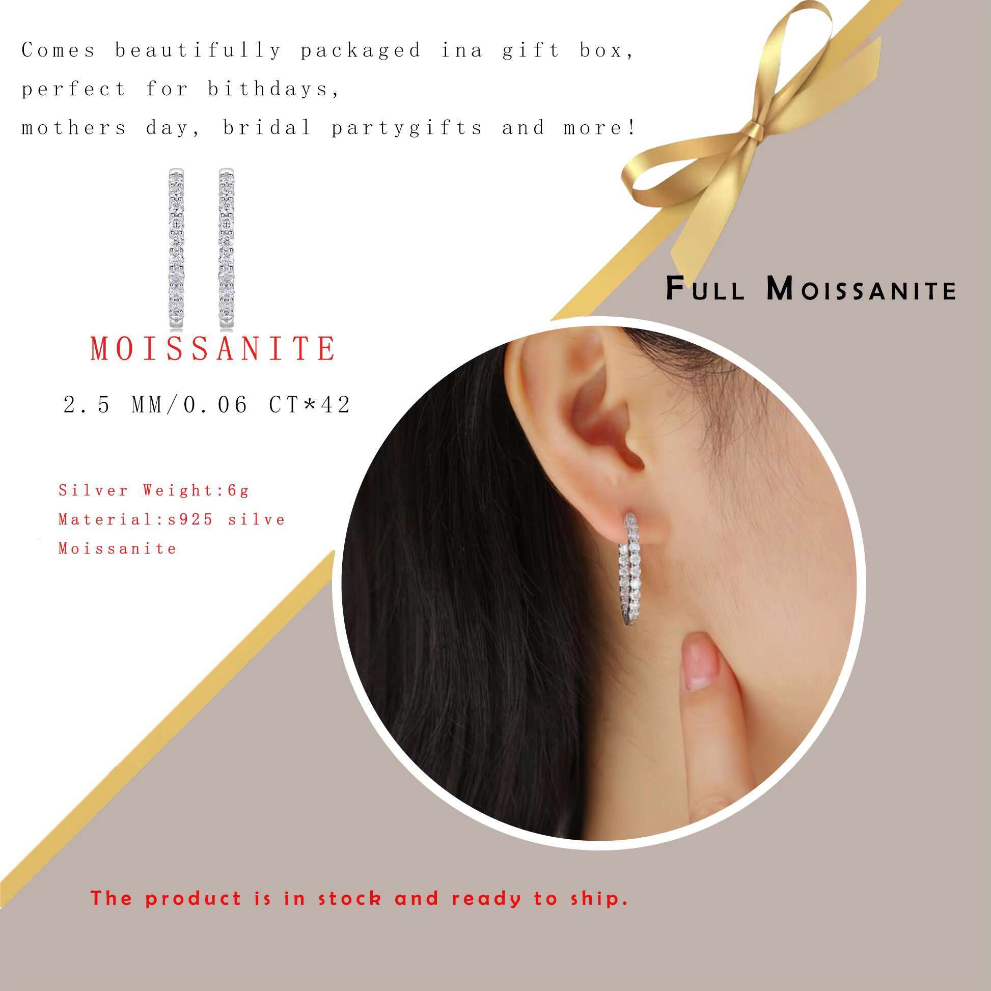 2.52CTW Moissanite Hoop Earrings 925 Sterling Silver 18K Gold Plated Double Row Sparkling Jewelry for Women Gift Daily Earrings
