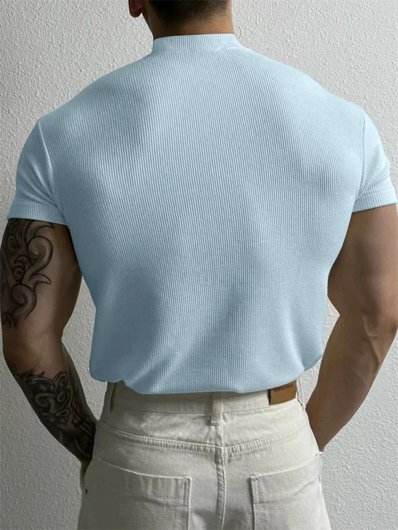 spring summer Elastic Comfortable Mens T-shirt Small high collar stripe shirt short sleeve fitness tops sports casual T-shirt 250530