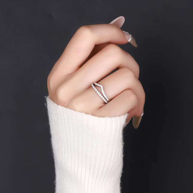 9 Factory Direct Sales Fine Jewelry S925 Sterling Silver D Moissanite Diamond V Shaped Stacking Bands Row Ring for Women Gift