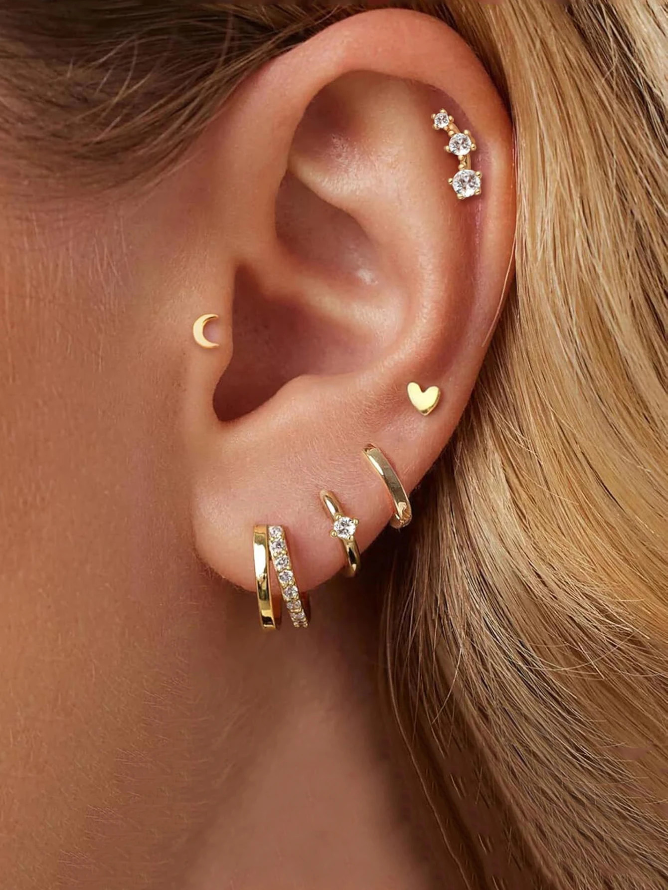 6 Pairs Small Set for Somen 14K Gold Plated Huggie Double Hoop CZ Stud Earrings 250529