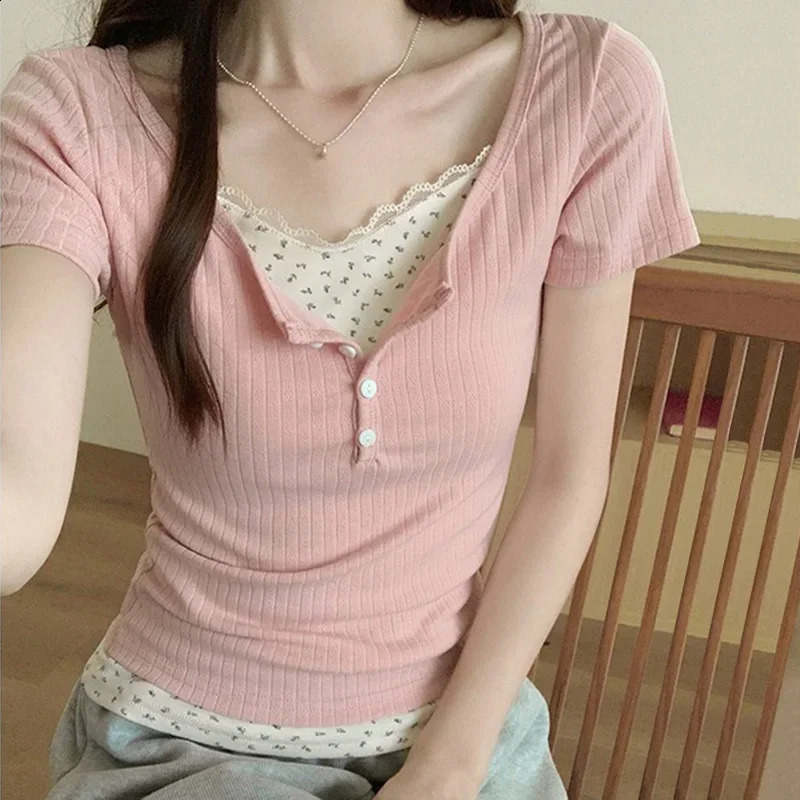 Women Soft Floral Lace Summer Blouse Lady Sweet Button Slim Fit 2024 Spliced Tops Female Seaside er Short sleeved T-shirt 250521
